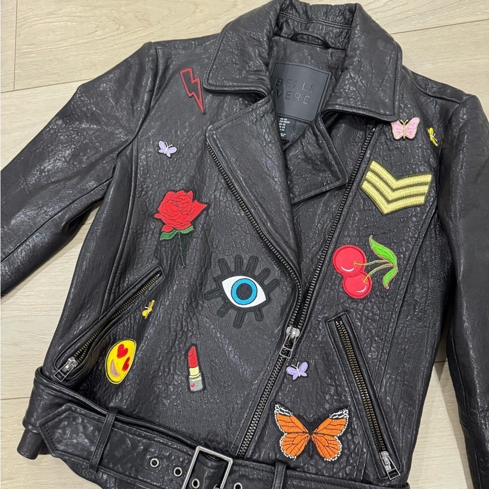 Belle Vere Leather Biker Jacket Emoji Patches - Picture 5 of 11